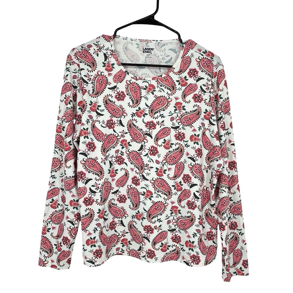 Lands' End Women's XL 18 Paisley Floral Long Sleeve Top UPF 50+ Pink White